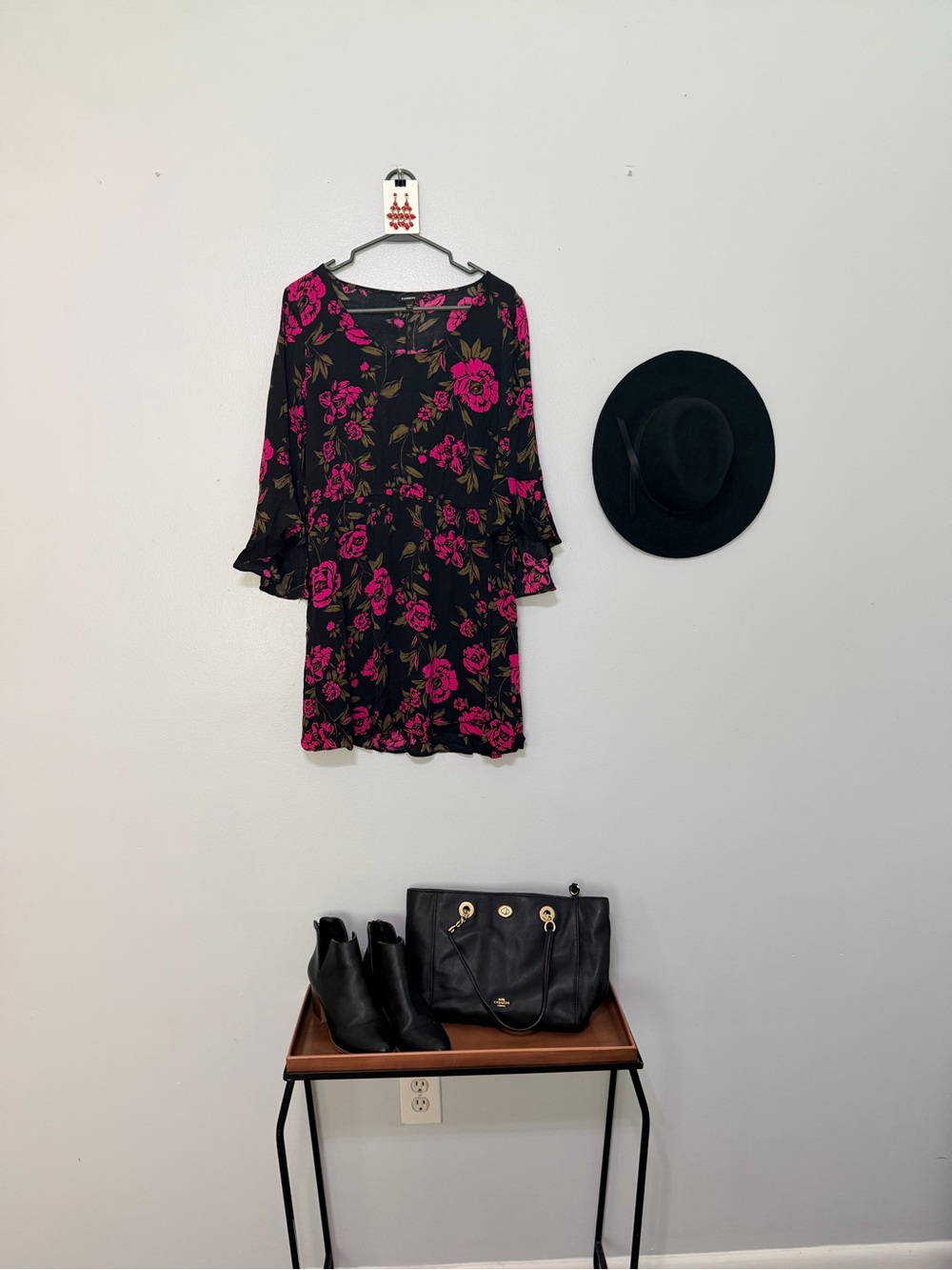 Express Black Mini Dress with Fuchsia Floral Print